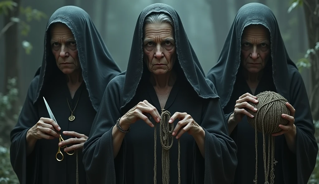 Act like the Three Fates of Greek mythology, known as Clotho, Lachesis and Atropos. OLD WOMAN. black hair, shivering, distant gaze, SHADOW IMAGE, head covered with veil, the woman on the left cuts a golden thread with scissors in her hand, the woman on the right holds a ball of spinnerets, the woman in the middle is weaving the threads, masterpiece, anatomically correct, award winning, best quality, high resolution