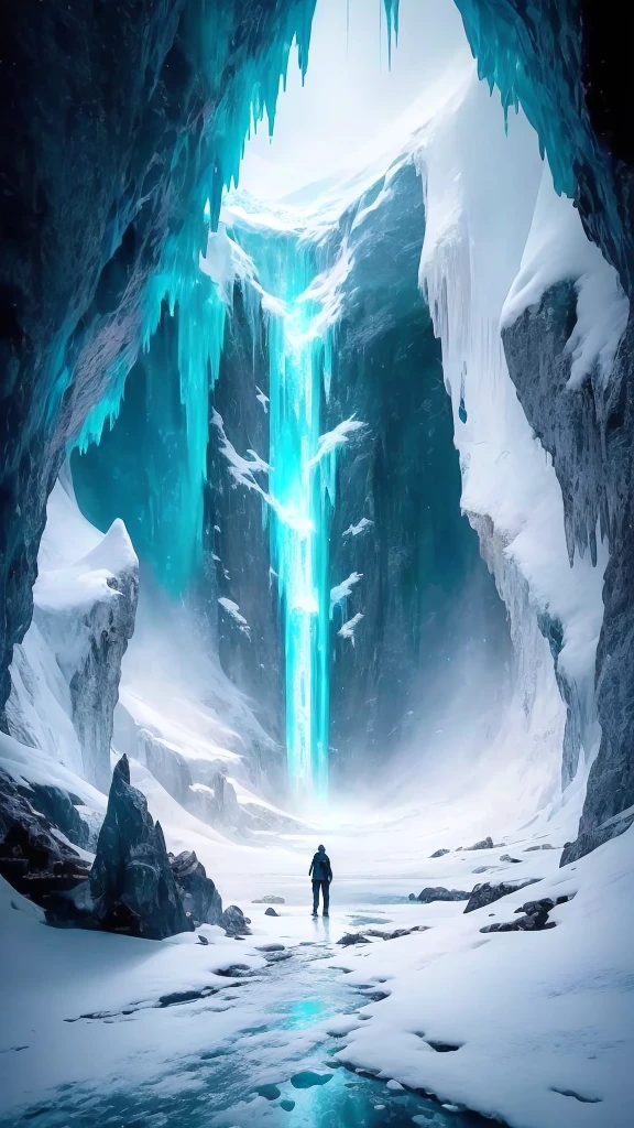 In front view of frozen cave、A man stands in the middle, Icy, Surreal frozen landscape, Icy mountains, in an Icy cavern, Complex and epic composition, Amazingly spectacular footage, Very beautiful、Fantasy, Frozen waterfall, Breathtaking alien landscapes, Icy cold pale silent atmosphere, Ice cave, Magnificent and wonderful, Entrance to the spirit world, Icy landscape