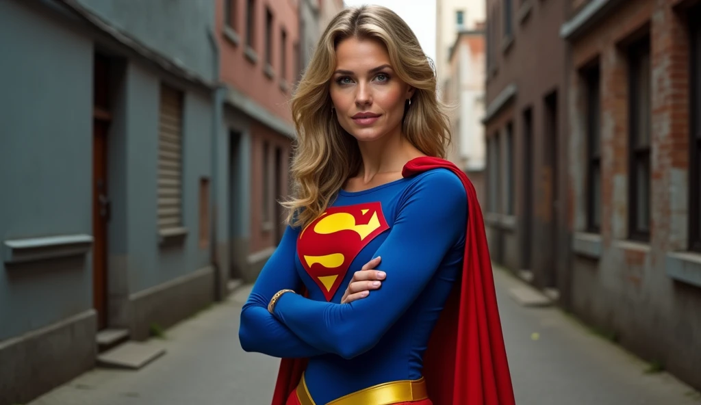 (((very beautiful old Supergirl (((1984s costume))) Julie Hagerty))) Super woman Julie Hagerty; confident, powerful, indestructible, attractive; big and firm chest; strong breasts; arms crossed. HD. Photograph, ((realism)), extremely high quality RAW photograph, ultra detailed photograph, sharp focus, high resolution, (detailed skin:1,3),high quality, film grain, Fujifilm XT3,Highly Detailed, movie, (Cinematic Photo:1.3) of (Realistic:1.3)