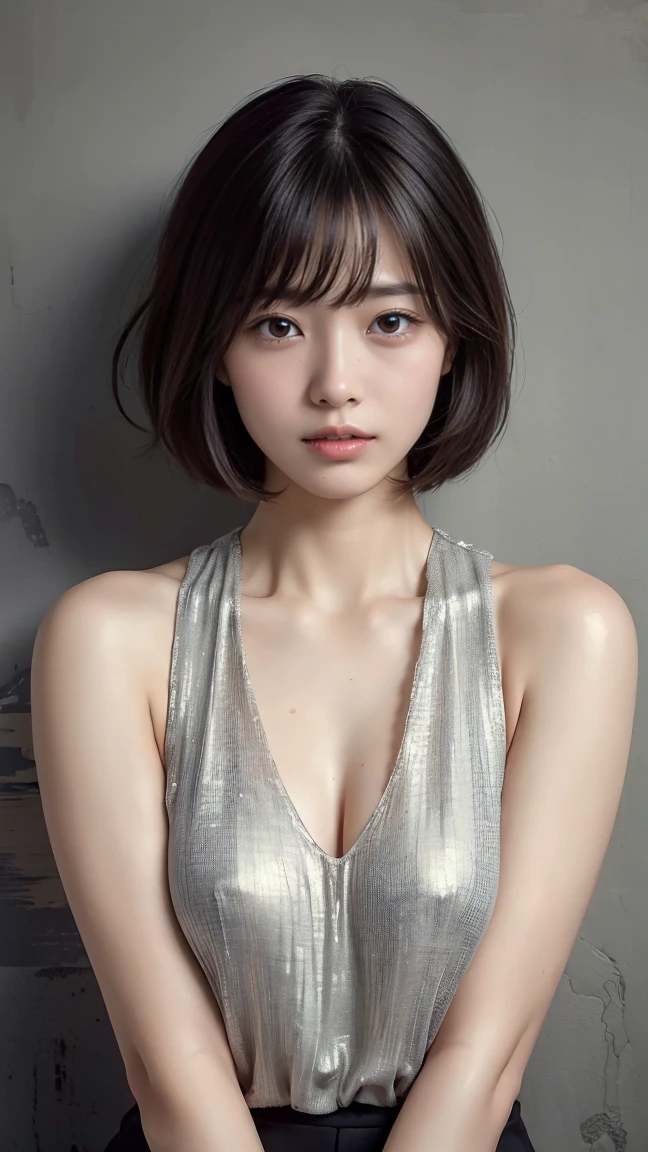 (Highest quality:1.4),(masterpiece:1.4),(Realistic:1.4),(Realistic:1.2),(超High resolution, RAW Photos:1.4),(High resolution, Very detailed:1.2),(8k:1.2),photograph,a photo of a dark-haired,Her hairstyle is a short bob with bangs..,one person&#39;s,alone,(),((Upper Body:1.3)), (Big Breasts:1.0), (middle breast wheel:0.5), (Small nipples:1.0)