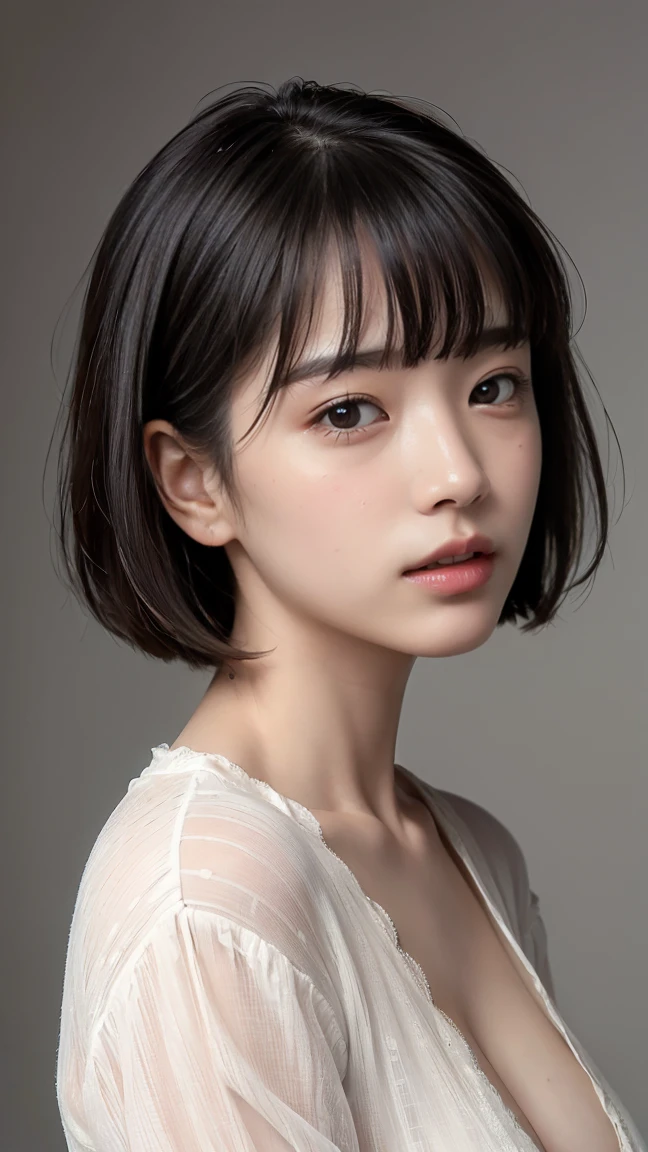 (Highest quality:1.4),(masterpiece:1.4),(Realistic:1.4),(Realistic:1.2),(超High resolution, RAW Photos:1.4),(High resolution, Very detailed:1.2),(8k:1.2),photograph,a photo of a dark-haired,Her hairstyle is a short bob with bangs..,one person's,alone,(),((Upper Body:1.3)), (Big Breasts:1.0), (middle breast wheel:0.5), (Small nipples:1.0)