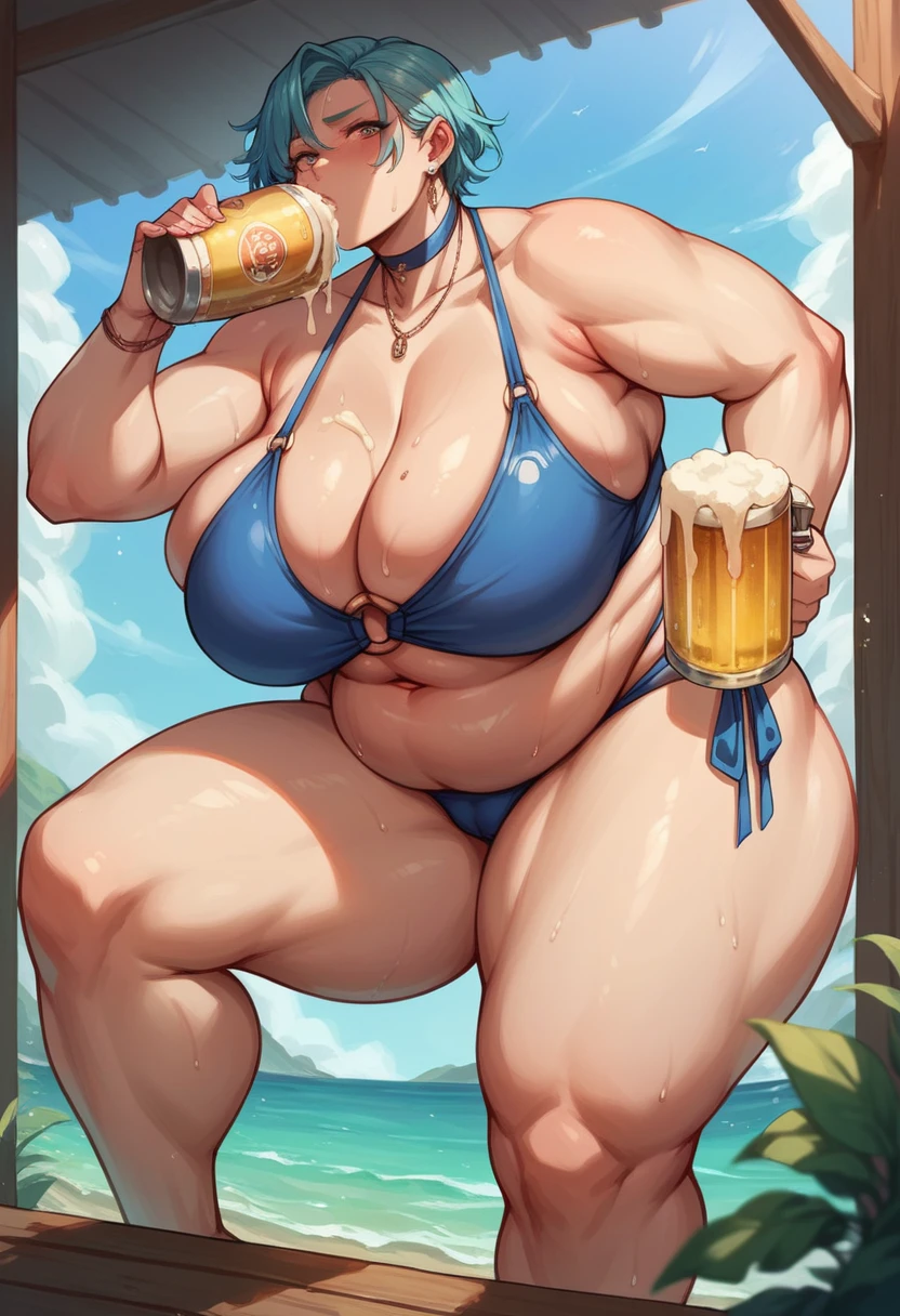 fat girl with a huge hanging fat belly fat fat fat fat fat fat and huge huge tits in a blue swimsuit drinks beer 