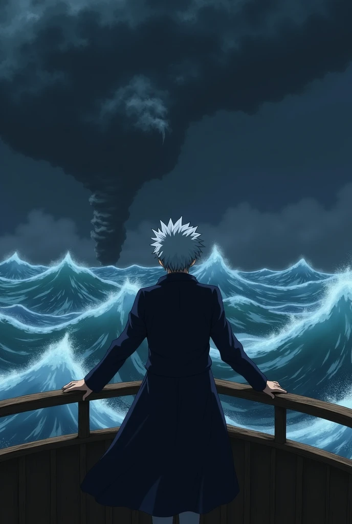 Sakata Gintoki from Gintama,Hands holding the ship's barrier,Standing at the edge of the ship's deck and looked at the sea.with feelings of sadness, resignation and a small smile challenging fate.There were ocean waves in side around and The shadow of the tornado vortex is visible, covered by the storm far ahead.Almost carried away by the current, The sky was a thick, heavy storm. Night time.The picture was taken from the back side.
