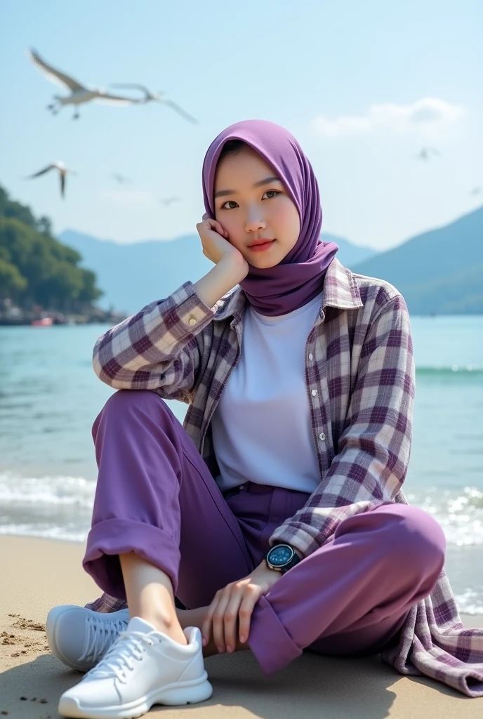 Beautiful Korean girl with smooth white skin, well-groomed face, thin smile, purple eggplant hijab, purple eggplant checkered shirt, white t-shirt, purple eggplant cargo pants, cool watch, white shoes, posing sitting on the beach, background, sea waves, boat fishermen, seagulls flying. clear blue sky, very beautiful, mountains and waterfalls, the original photo is realistic