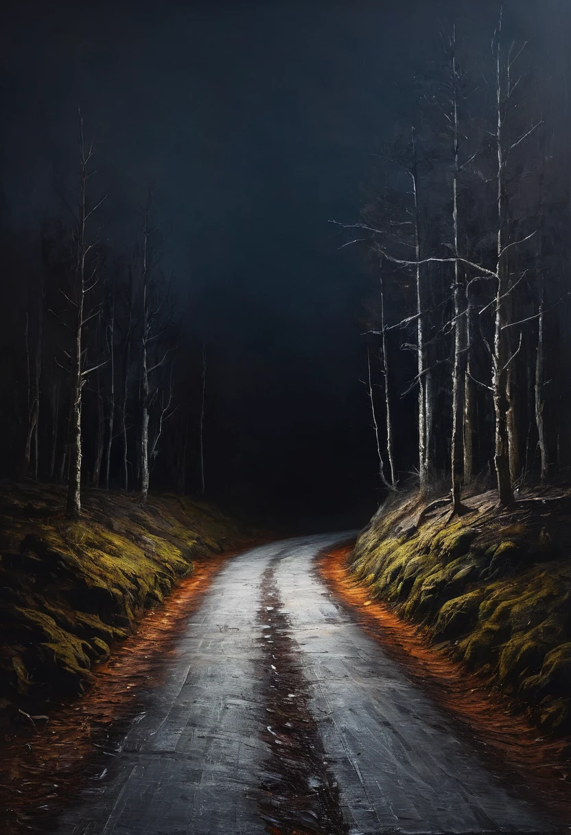 painting of a blocked road in dry black forest, dark atmosphere, cinematic scene, volumetric lights, ultra realistic, in the style of nicola samori