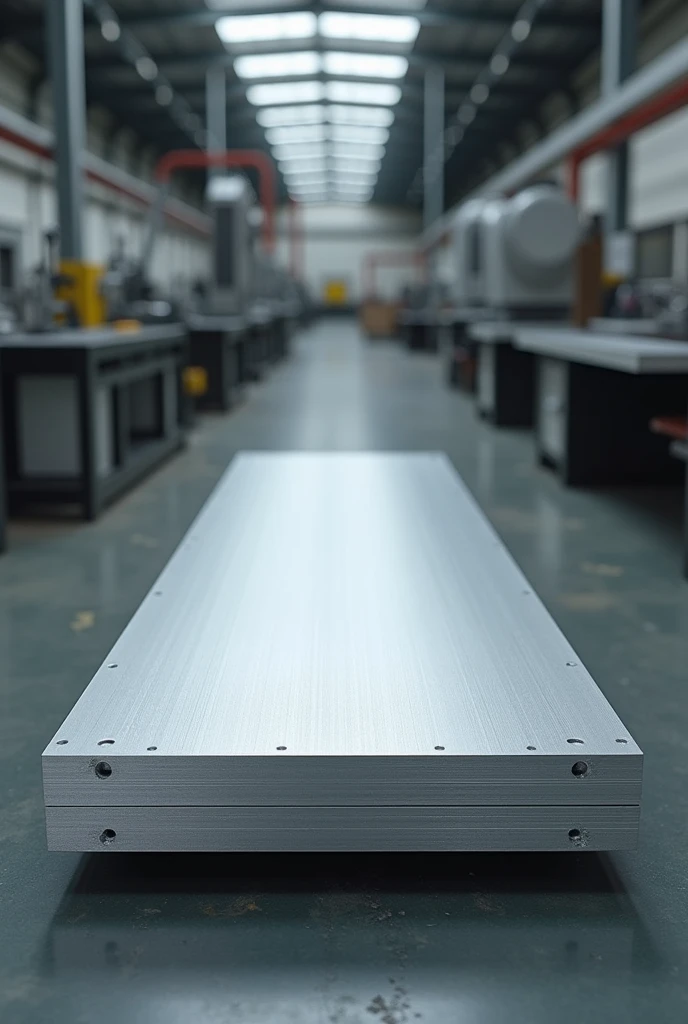 Aluminium 7075 t6 material in the size of length 200 mm, width 200 mm and 0.5 mm diameter  with front view of the object  in factory background 