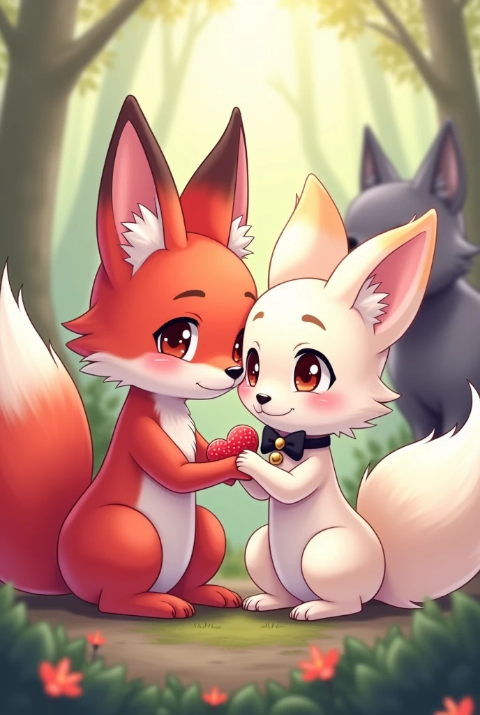 Red and pink Kemono fox male cute and a cute white fennec Kemono fox with yellow eyes black bow and necklace female in love and cute Kemono grey wolf in background upset and jealous