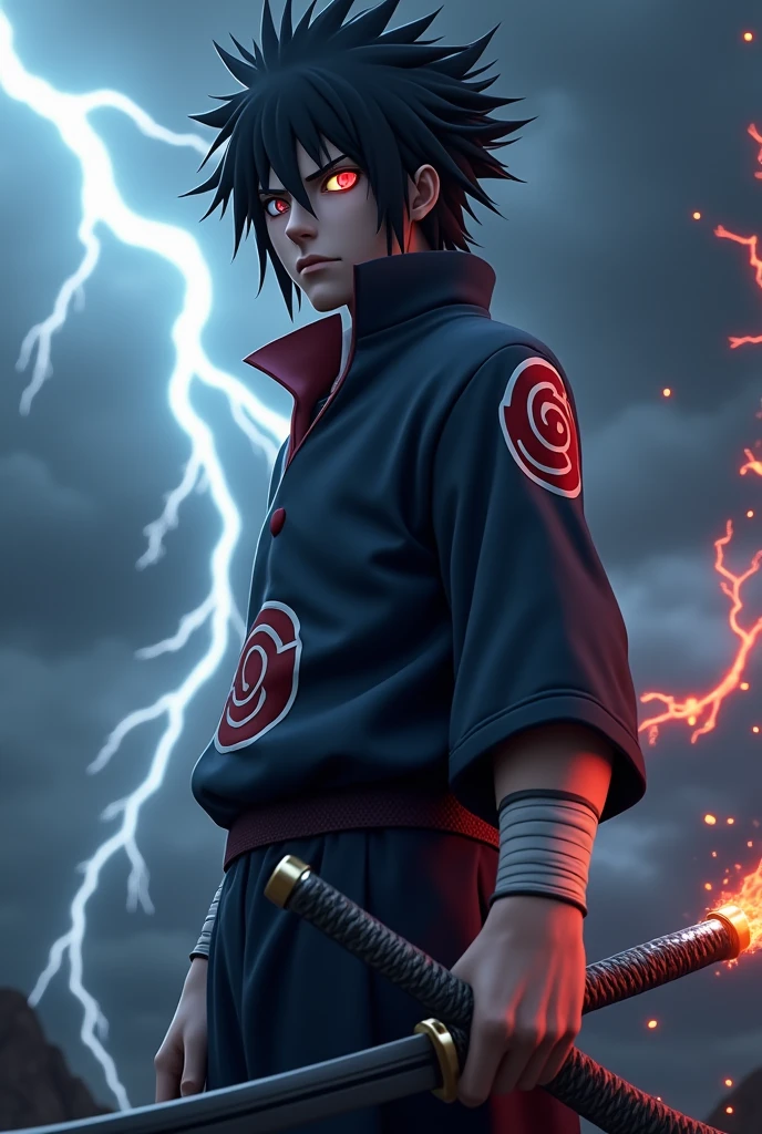 "A highly detailed 3D rendering of Sasuke Uchiha from Naruto, showcasing his iconic black spiky hair, Rinnegan in his left eye, and Sharingan in his right eye. He is dressed in his traditional dark blue outfit with the Uchiha clan symbol on the back. He holds his sword (Kusanagi) in one hand, with lightning (Chidori) sparking from the other hand. His expression is serious and intense, set in a dynamic battle-ready pose. The background features a dark, stormy sky with lightning bolts, enhancing the dramatic atmosphere."