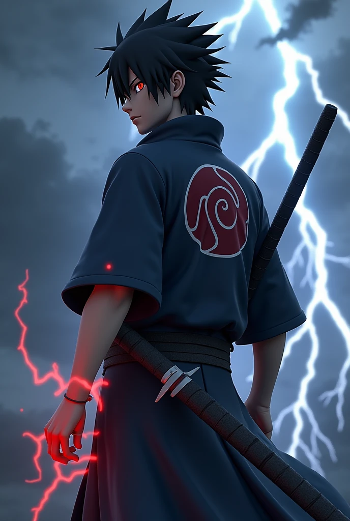 "A highly detailed 3D rendering of Sasuke Uchiha from Naruto, showcasing his iconic black spiky hair, Rinnegan in his left eye, and Sharingan in his right eye. He is dressed in his traditional dark blue outfit with the Uchiha clan symbol on the back. He holds his sword (Kusanagi) in one hand, with lightning (Chidori) sparking from the other hand. His expression is serious and intense, set in a dynamic battle-ready pose. The background features a dark, stormy sky with lightning bolts, enhancing the dramatic atmosphere."