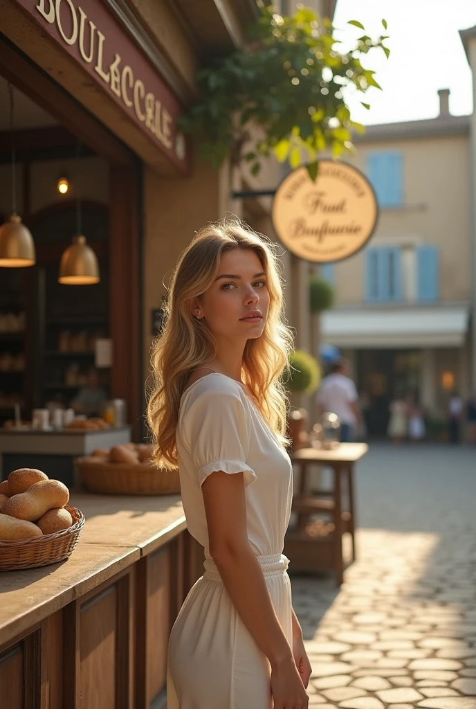 a blonde girl, age 25, in front of a boulangerie in a square in Provence. Filtro Foggy, David Hamilton Style.