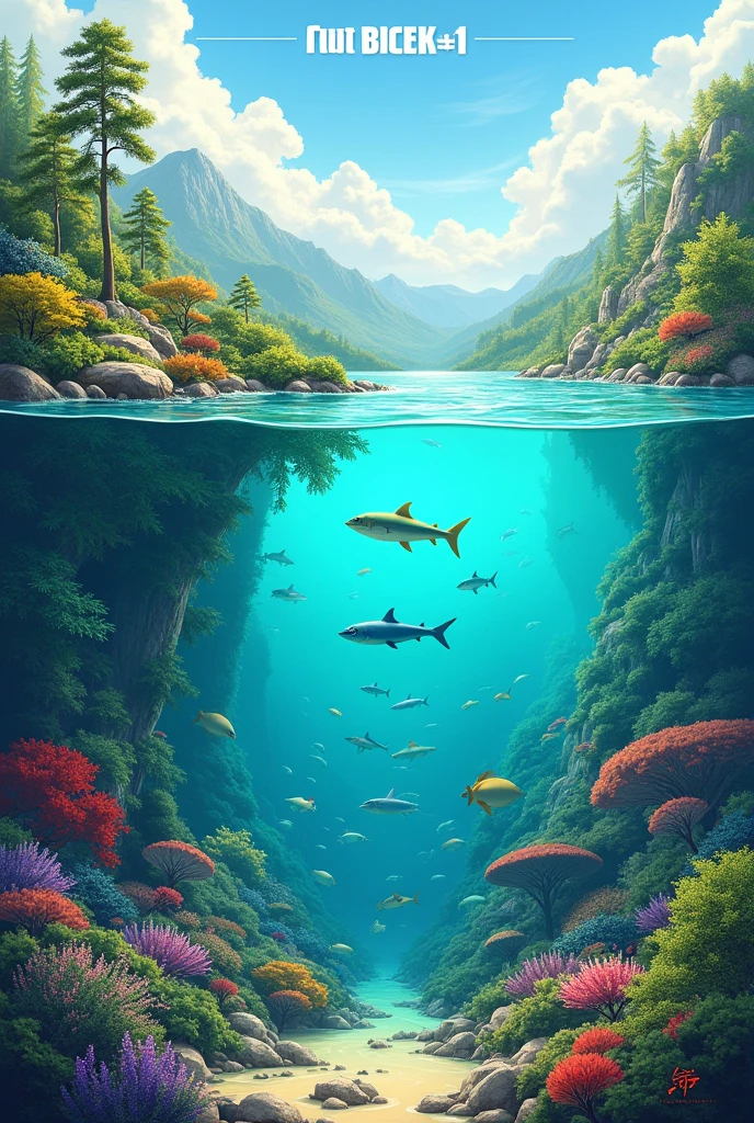 draw me an example of land biome on the left side and an example of aquatic biomes on the right side do it in landscape ratio and add a text of what type of biome is it