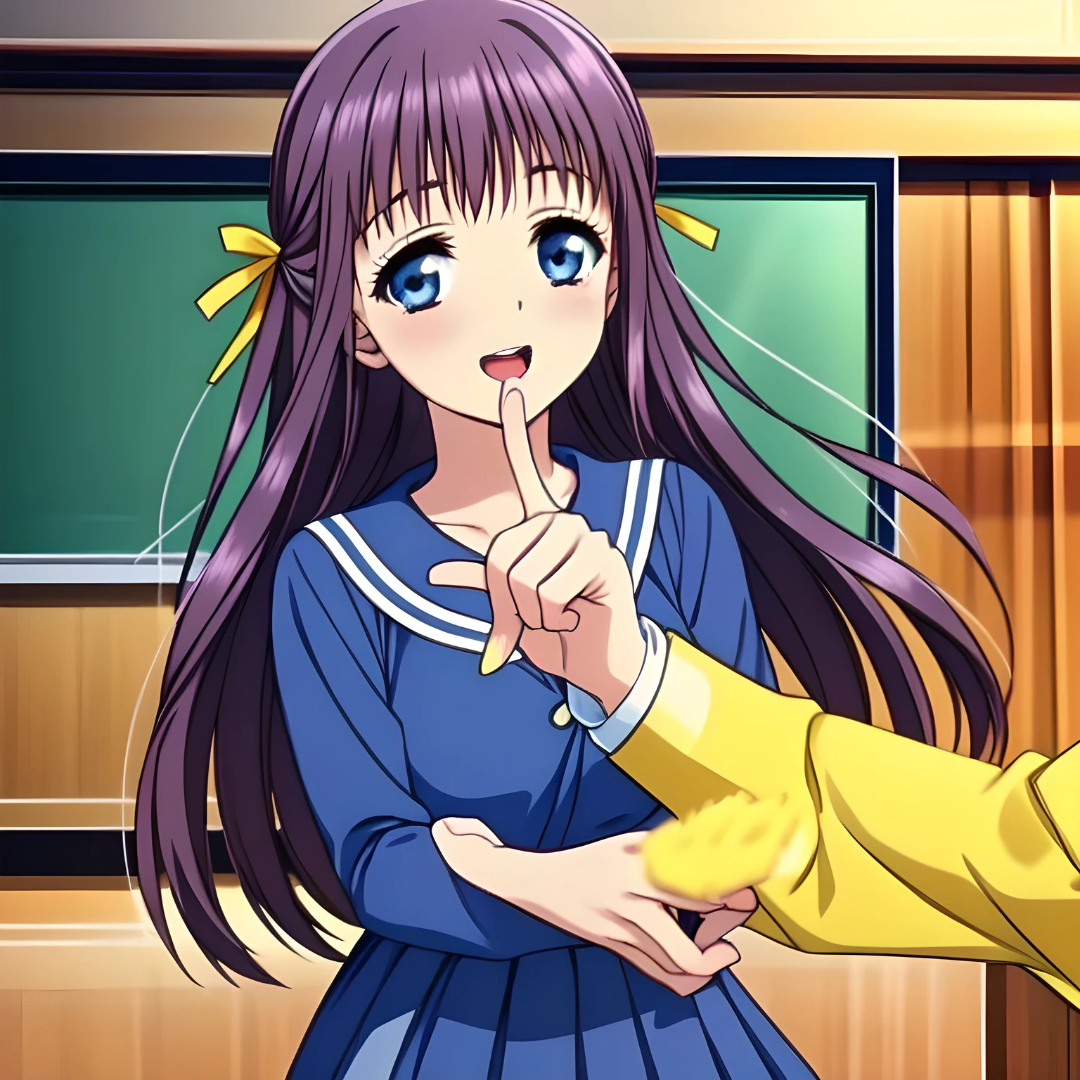 highest quality, (masterpiece:1.2), (A very intelligent and serious heroine, Very detailed beautiful heroine's portrait of game CG, beautifully and artistically painted as cover of girl's magazine: 1.6), (She is turning quickly and looking at me: 1.6), (A girl whom everyone loves because of her beauty and lovely fashion and intelligence and noble manner. A refined and elegant look. : 1.4), (In fact she is a very intelligent succubus, trying to charm, enslave and absorb me with deeply thought out intelligent strategy!: 1.0), (Very beautiful, wavy, cutely shining super-super-long blue hair, with elegant hair ribbons with very good smell of female pheromones: 1.4), (Laughing very beautiful and shining sapphire-blue intelligent eyes with very long eyelashes which charms and enslave me inevitably, with detailed very well: 1.6), (The elegant, slightly open mouth and glossy wet lips of an anime heroine: 1.0), (noble, fully dark navy blue, neat sailor-styled one-piece blue school uniform, fully dark navy blue blouse, and neat elegant dark dark-navy-blue pleated skirt, with a big yellow noble ribbon on the chest: 1.4), (Large but well figured breast: 1.0), (Laughing at me, but that gives a heavenly feeling of happiness with beautiful and great smiley noble face: 1.2), (The wind is blowing: 0.8), (She is touching me with her beautiful fingers, chewing me and absorbing everything from me just now: 1.5), (In a school music classroom: 1.4), (Full body shot: 1.0)