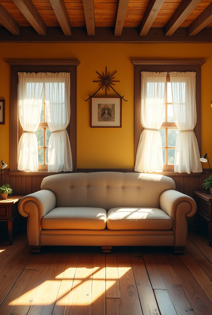 I'm inside a wooden house where the living room is yellow with a sofa, curtains, half the wall is all yellow with a dark wooden floor, dark wooden ceiling, an old-style house, half farmhouse