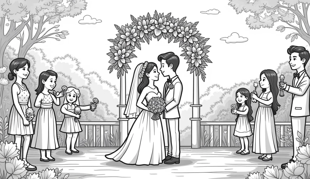 A line art for a coloring book for children of a wedding with details in Pixar-style