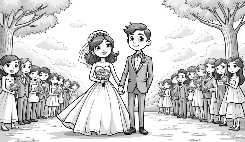 A line art for a coloring book for children of a wedding with details in Pixar-style