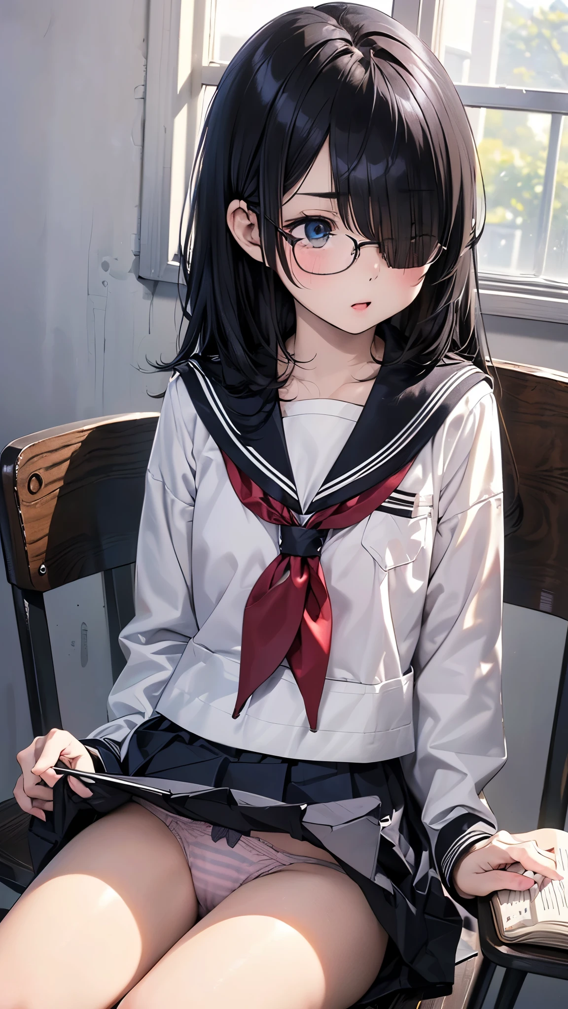 ((((School、During class、classroom)))、、middle School girls、((((((I am sitting in a chair and taking a class..。.、I have a pen、Notebooks and textbooks、)))))(((Serious face、Future outlook、Slender body)))、、Low length、((((((Eyes hidden by long bangs:1.2))))))、(((Long black hair))))(((( Black-rimmed glasses:1.2　black eye)))、Side view、,Official Art、High resolution、Hyper Detail、[Angle from below:1.2]Upper Body、Lift up the skirt、Showing panties 、
