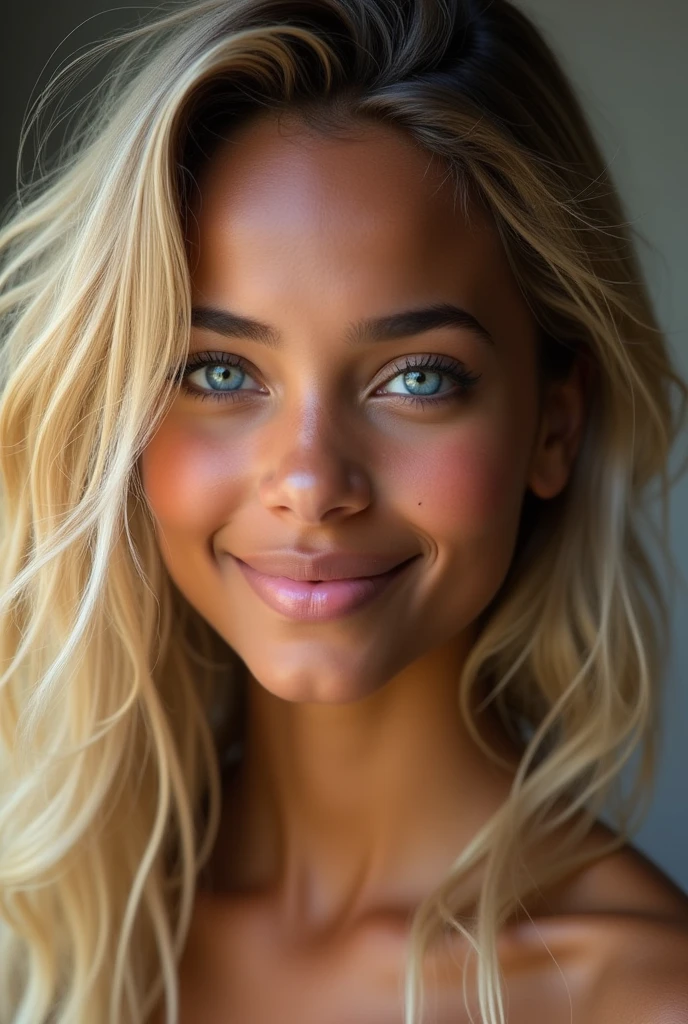 (photorealism:1.2),
create me a photo of a beautiful Ethiopian girl who has blue eyes and blond hair, who smiles, who has light freckles
