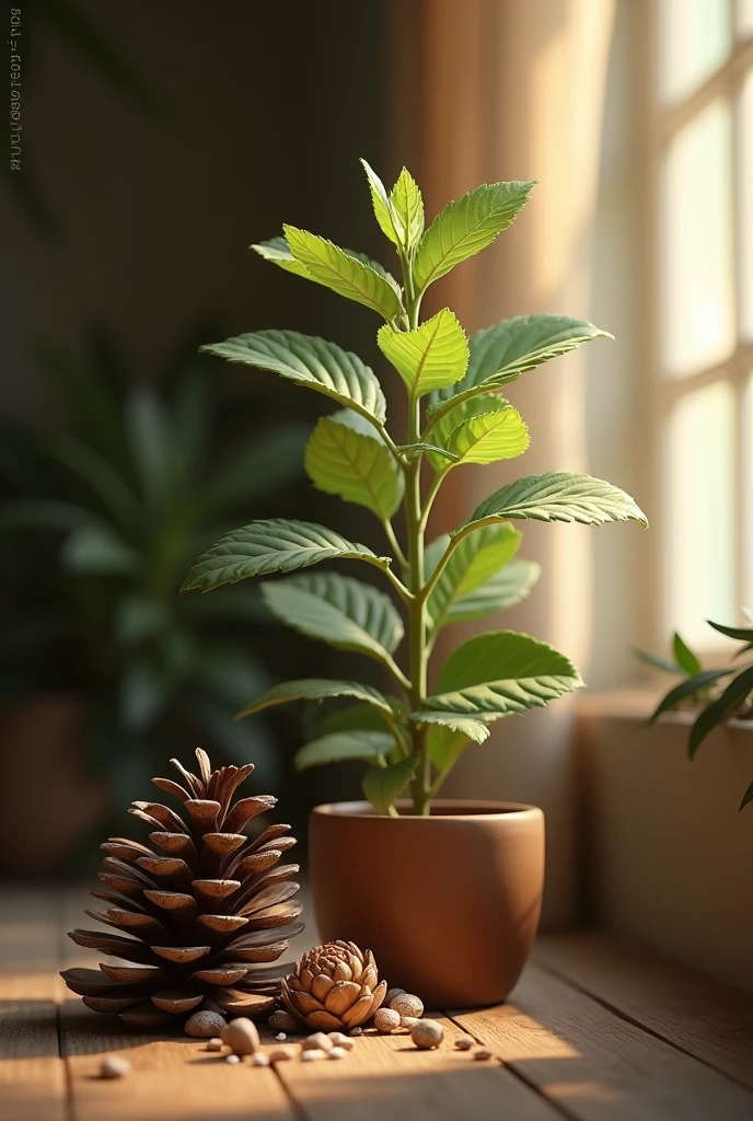 Still life and anise mint with pine cone in a room with soft and subdued lighting