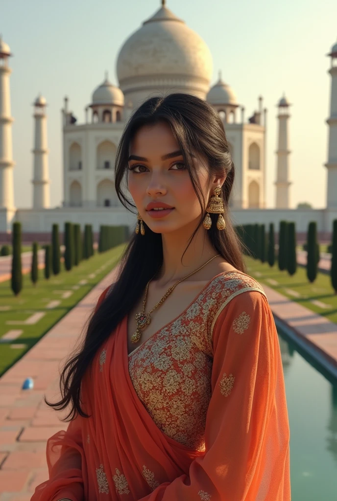 sexy girl,detailed face,ultra detailed,hot body,kurta,taj mahal background,