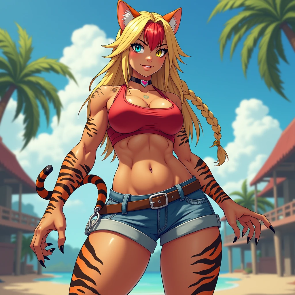 Heroine Very muscular woman body builder body of a professional fighter athletic great physical attributes brown skin with tanned tiger spots she has sun marks from her bra and thong panties in Vê, She is blonde with long hair with a single red fringe and has two long braids and cat ears., It has eyes of two different colors, the left one is pool blue and has a pool blue sclera, the right one is yellow and has a yellow sclera, both eyes have a cat's pupil, has black claws on its nails, she has a heart collar around her neck, She is wearing very typical Brazilian clothing, a red women's tank top, denim shorts and flip-flops.. Art style Vtuber 2.5D. Japanese anime art