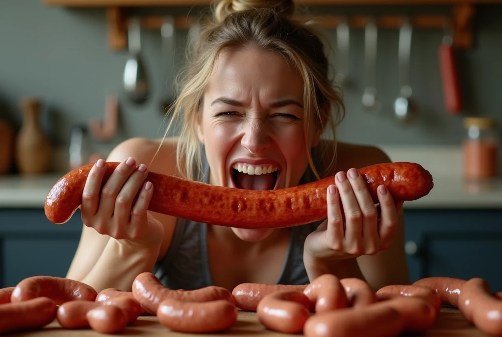 put sausage in mouth,Heaps of sausages in both hands,muscular woman Eating penis shaped sausage 　battle contest,in kitchen stadium,