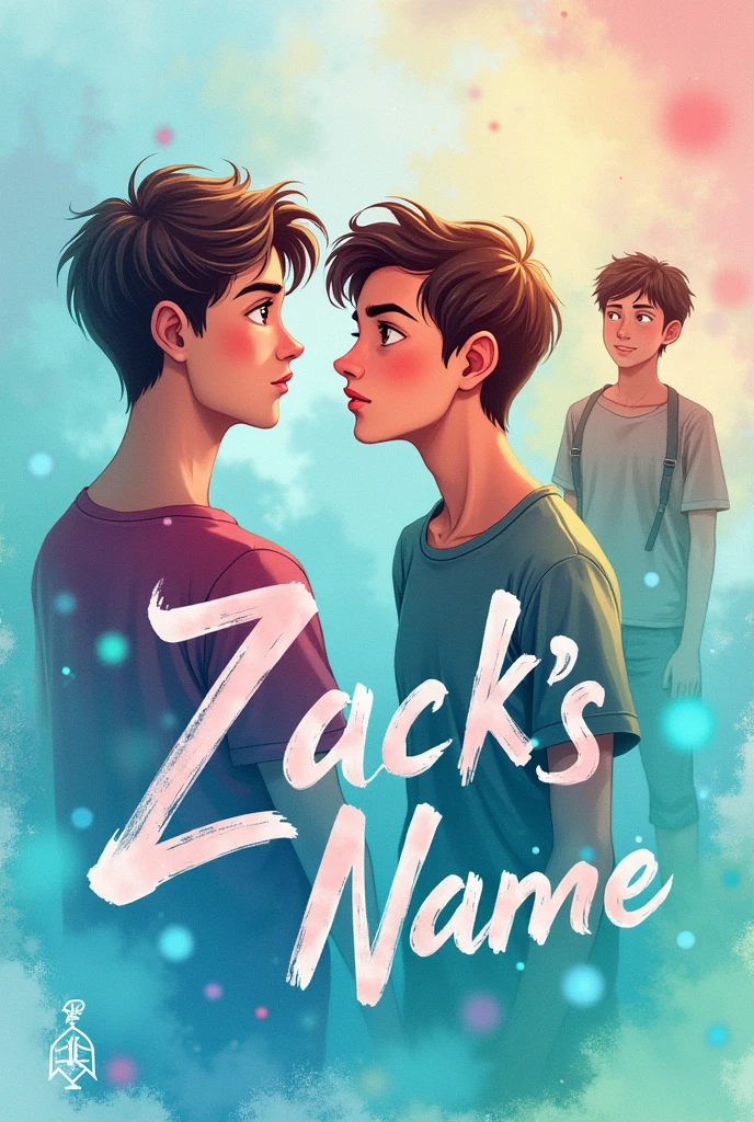 Create a book cover with the colors blue, pink and green, with two adult boys and an adult girl in the background, watercolor style, but not detailed, with the title "Zack's name" and the author's name "Darek Belmar" On the bottom.
