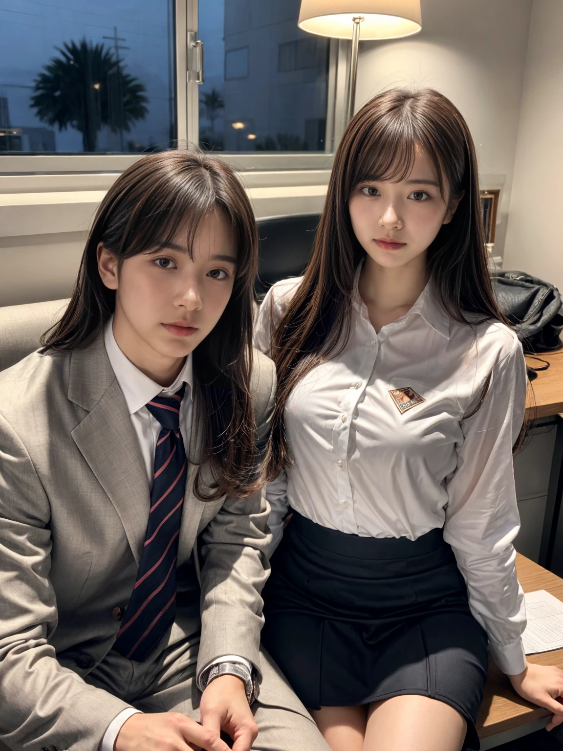 A handsome CEO with his beutiful girlfriend,who is on her highschool hot uniform romancing together with him in his luxury office at night.
While he carefully romantically falls down her hair., laege breasts