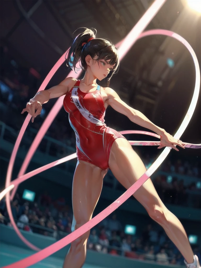 masterpiece, (textured skin), best quality, gorgeous beautiful girl, (a female skateboard athlete), detailed clothes,large breasts,narrow waist,, (beautiful face), cinematic lighting, (at skateboard venue ),