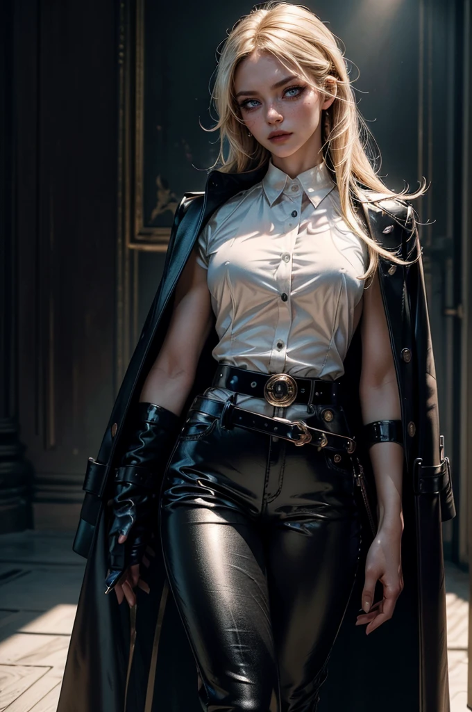 cowboy shot,a pretty 2 girl,blond hair,blue eyes,lora_Emma,slim athletic body,tight and stretched white blouse with buttons,button gap,short sleeves,pokies,ultra low rise black shiny latex pants,(double metal belt),empty studiobackground,((black coat on shoulders)),(best quality,4k,8k,highres,masterpiece:1.2),ultra-detailed,(realistic,photorealistic,photo-realistic:1.37),dramatic lighting,cinematic,fashion photography,studio lighting,high contrast,vivid colors,beautiful detailed eyes,beautiful detailed lips,extremely detailed eyes and face,long eyelashes, touching hair