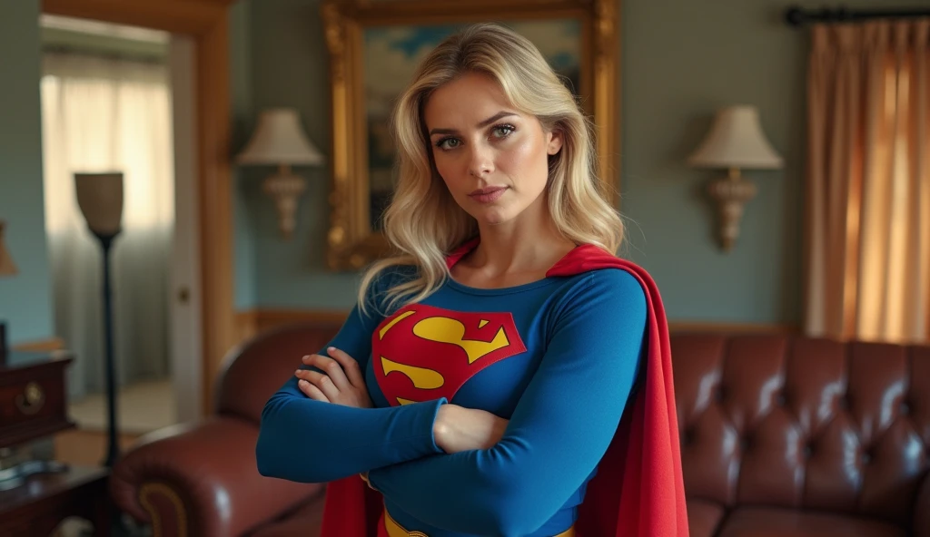 (((very beautiful old Supergirl (((1980s costume))) Julie Hagerty))) Super woman Julie Hagerty; confident, powerful, indestructible, attractive; big and firm chest; strong breasts; arms crossed, levanta facilmente um Sofa with people sitting de 300 toneladas sobre sua cabeça; arms of a strong woman. HD. Photograph, ((realism)), extremely high quality RAW photograph, ultra detailed photograph, sharp focus, high resolution, (detailed skin:1,3),high quality, film grain, Fujifilm XT3,Highly Detailed, movie, (Cinematic Photo:1.3) of (Realistic:1.3)
