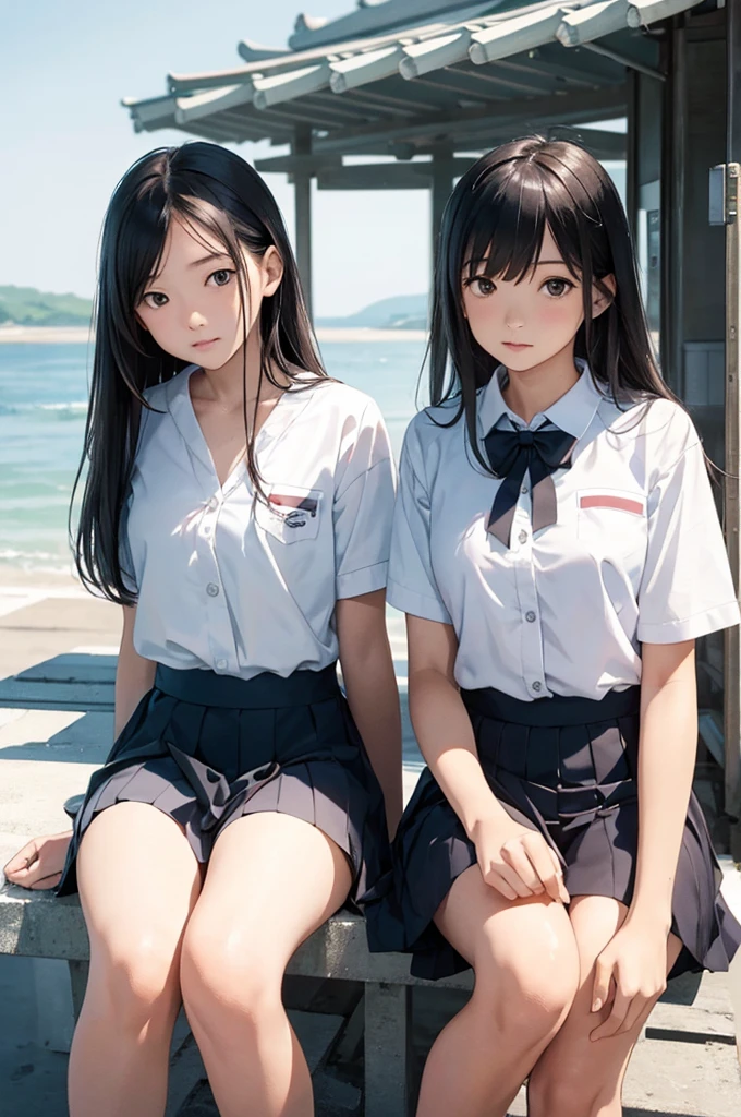 (masterpiece, best quality),Simple design,Two girls sitting opposite each other,A listless look,Popsicles,White background,Breakwater,Summer in Japan,High School Uniform,