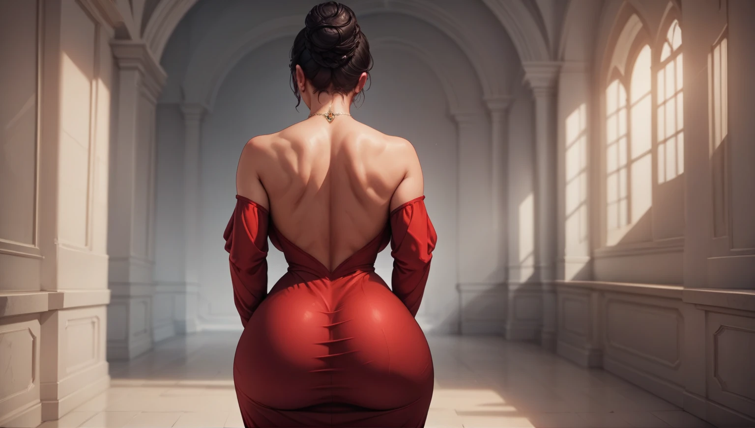 8k unified CG wallpaper (best quality: 1.4), high-definition RAW color photos, highly detailed and extremely detailed, professional photography, realistic portrait, cinematic lighting, beautiful details, high quality, best quality, masterpiece, high quality shadow
(((Beautiful mature woman))), short black hair, 1 high bun on the back, glasses,
big breasts, big butt, thick legs,
pushing her chest forward, hands behind
(((rear view, view from behind)))
(((red dress)))
special focus on her butt