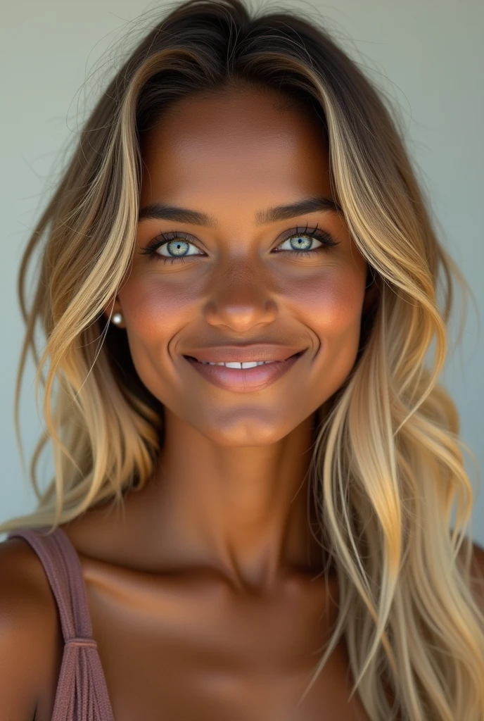 (photorealism:1.2), 
create me a photo of a beautiful Ethiopian girl who has blue eyes and blond hair, who smiles, who has light freckles