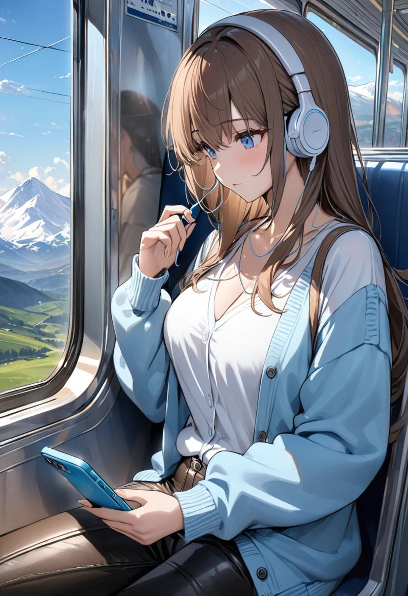 ((Highest quality)), ((masterpiece)), (Familiar), Perfect Face, Earphones connected to a smartphone, Listening to music with earphones, operating a smartphone, White T-shirt, Lightweight cardigan, Sky blue cardigan, Leather pants, on the train、You can see the mountains from the train window、Long Hair、Brown Hair、chest, 