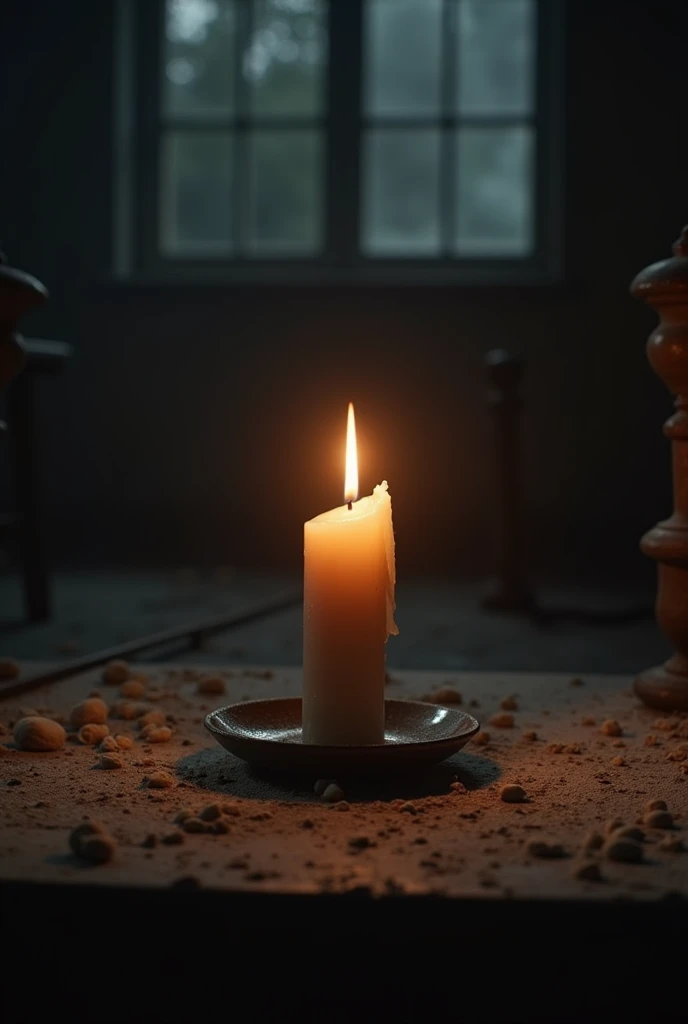 Light in the Darkness: "A single, flickering candle burning steadily in the center of a dark, abandoned room, symbolizing hope and the enduring human spirit. The soft, warm glow of the candle illuminates the immediate surroundings, casting gentle shadows on the walls. The room is filled with old, forgotten objects covered in dust, representing the past and memories long gone. The contrast between the bright flame and the darkness around it creates a powerful visual metaphor for resilience and the light within that refuses to be extinguished, even in the darkest times."