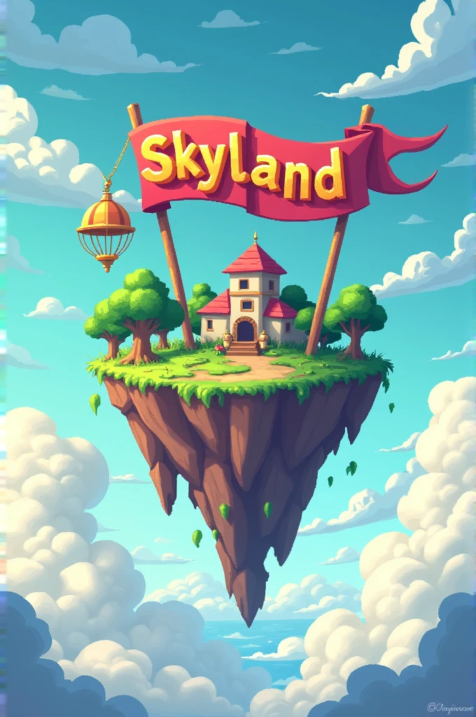Pixel art flying island with a banner written SkYLanD