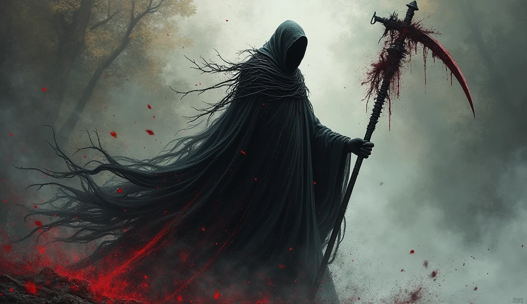 Reaper in,scyscraper,cross of dark lord, king of angmar, touch of death, Taoist robes,cultivating immortals,water ink,from the abys,self-assured,Fairy wind road bone,Blood flows in the background