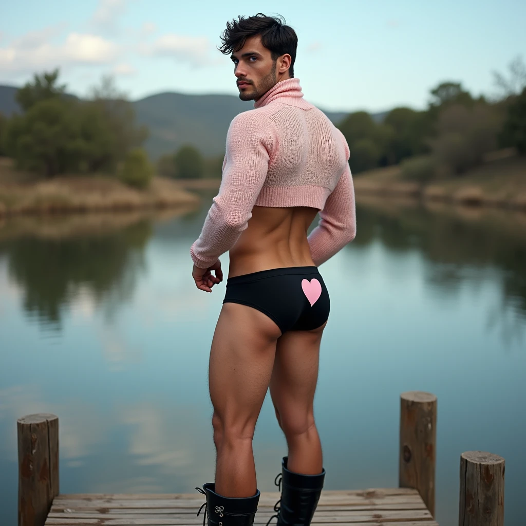 A white man, at 3, model type, with short dark hair, with blue eyes, medium body, wearing a white and pink turtleneck sweater, wearing black boxers with a heart, wearing boots, standing backwards, looking at the camera and showing her ass on top of a wooden pier on a lake in Alentejo