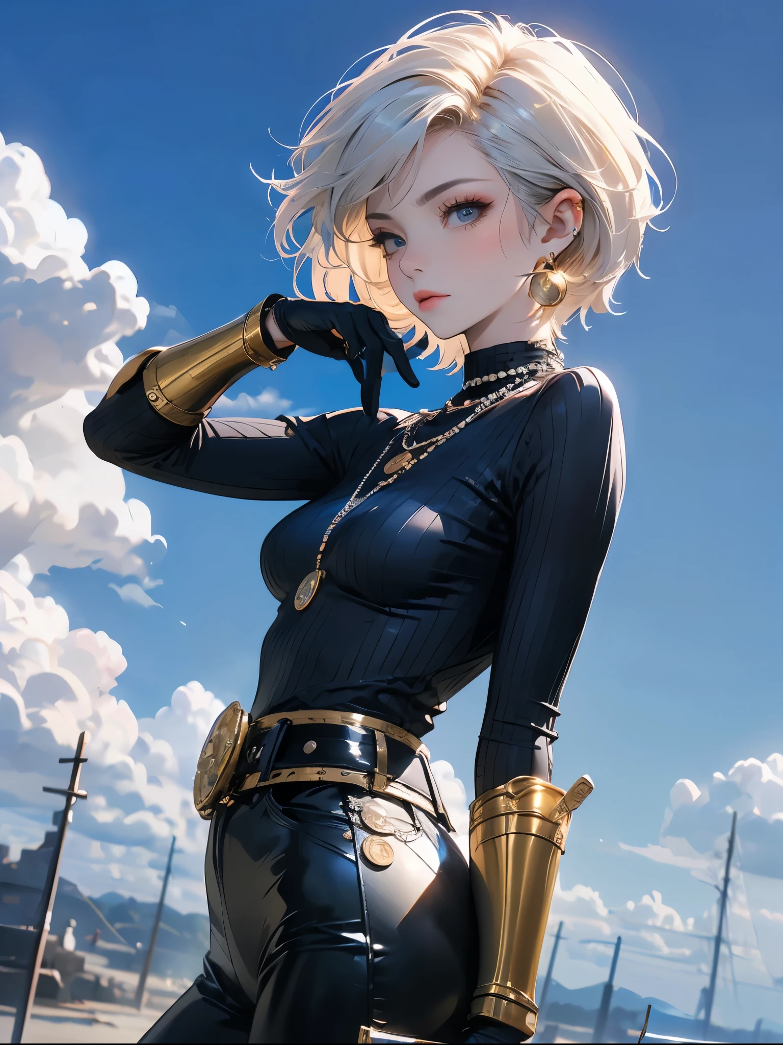 (masterpiece, best quality:1.1), thief (dq3), 1girl, solo, short hair, white hair, blue eyes, medium breasts, pink gloves, jewelry, pearl necklace, earrings, belt, sword, yellow breastplate, black bodysuit, bag, (coin, sword on hip:1.2), (dutch angle, dynamic pose, from side:1.3), (blue skies, nature:1.2)