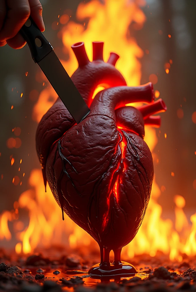 A heart organ stab by knife while burning on fire and blood flow