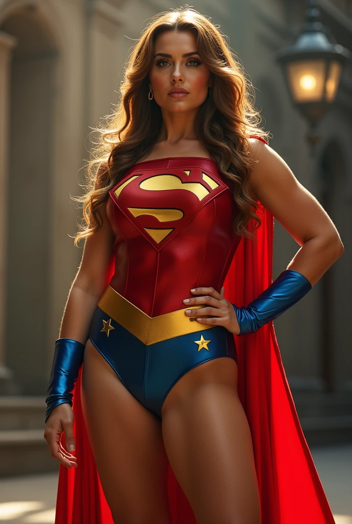 Superwoman(((1984s Supergirl costume))) Julie Hagerty ; big and strong breasts. HD. Photograph, ((realism)), extremely high quality RAW photograph, ultra detailed photograph, sharp focus, high resolution, (detailed skin:1,3),high quality, film grain, Fujifilm XT3,Highly Detailed, movie, (Cinematic Photo:1.3) of (Realistic:1.3)
