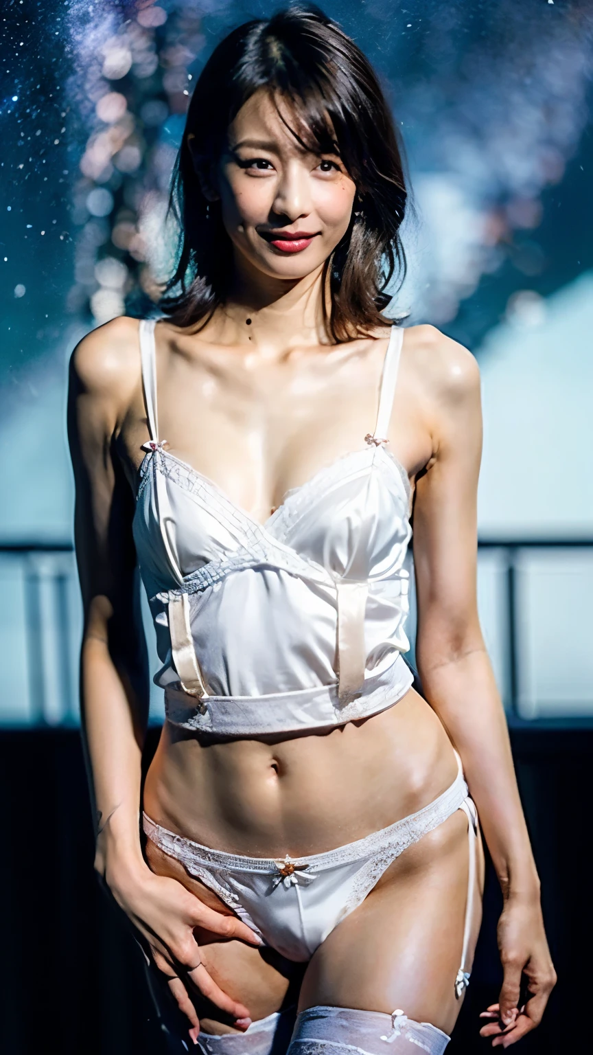 ((Tabletop:1.4, Highest quality)), (Realistic photos:1.4), ((1 person)), Shiny black hair, (超High resolution:1.2), Very delicate and beautiful, wonderful, Very detailed CG Unity 8k 壁紙, Very detailed, High resolution, やわらかいLight, Beautiful detailed, Very detailed目と顔, Beautiful and detailed nose, Beautiful and detailed, (White silk garter belt:1.4), Cinema Lighting, Perfect Anatomy, Slender body, Hard chest, (Create the night sky), (Stars in the sky:1.4), (The beauty of the Milky Way'Light:1.4), (A beautiful form with an inorganic feel), Cowboy Shot, legs protruding from the frame, Looking at the audience