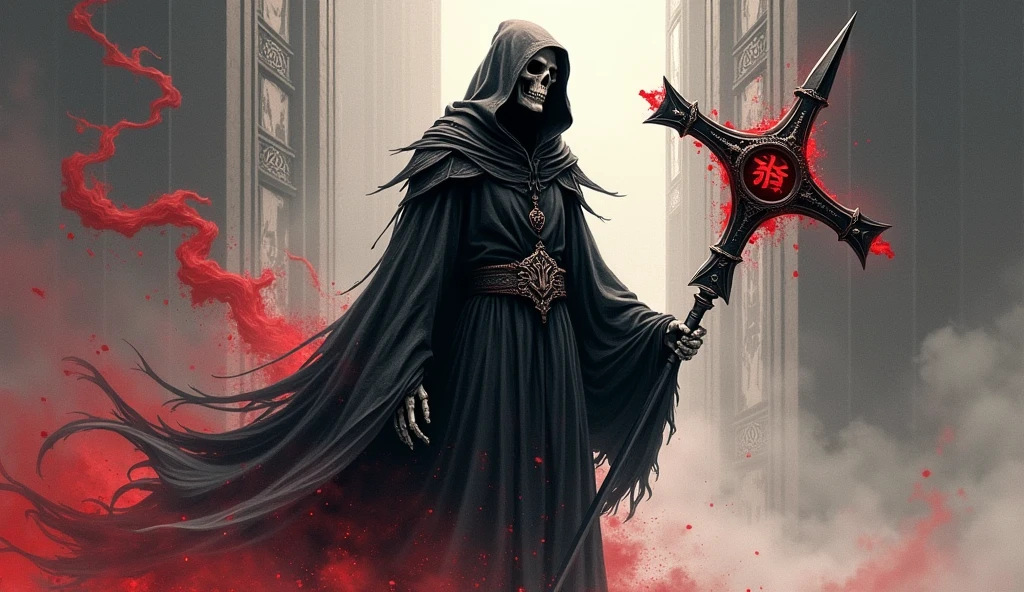 Reaper in，scyscraper，cross of dark lord, king of angmar, touch of death, Taoist robes，cultivating immortals，water ink，from the abys，self-assured，Fairy wind road bone，Blood flows in the background