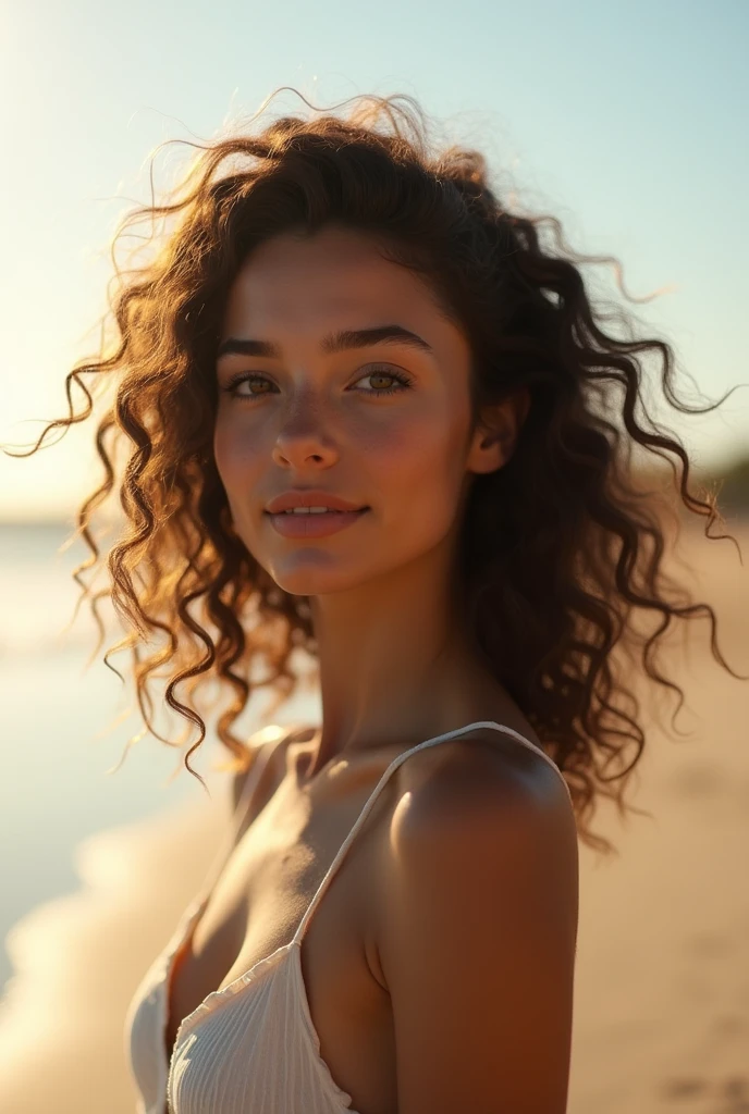 (photo brute:1.2), (Photorealistic:1.4),(centerpiece:1.3),(best quality:1.4),ultra haute résolution,HDR,8k, (extremely detailed illustration), 1 fille, beautiful detailed face, Fille, Long, curly hair,smile,alone, Regardez le spectateur,Fond clair, on the beach, depth of ﬁeld, natural lighting,(silhouette transparente),ulzzang-6500-v1.1:0.7