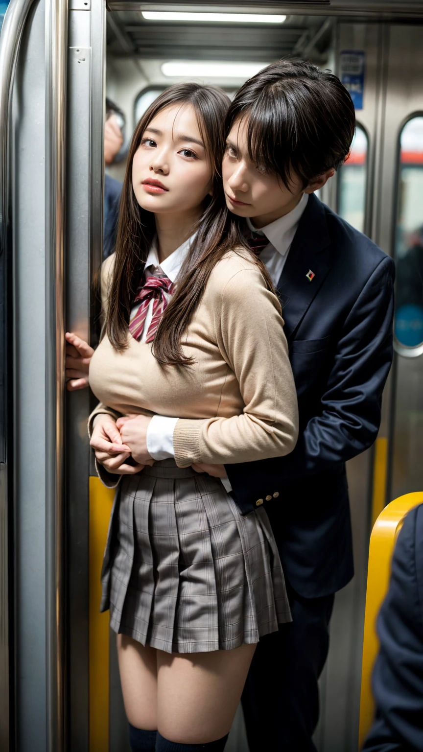 NSFW, crowded train, Japan , Handsome man hugging her from behind, Talking in her ear, lift her up, miniskirt twisted upwards, 40k, photograph, masterpiece, highest quality, dark gray background, ((Japan girls' high school uniform)), A man leans on her from behind、I held you up, Mr.々Hit the pose., large breasts
