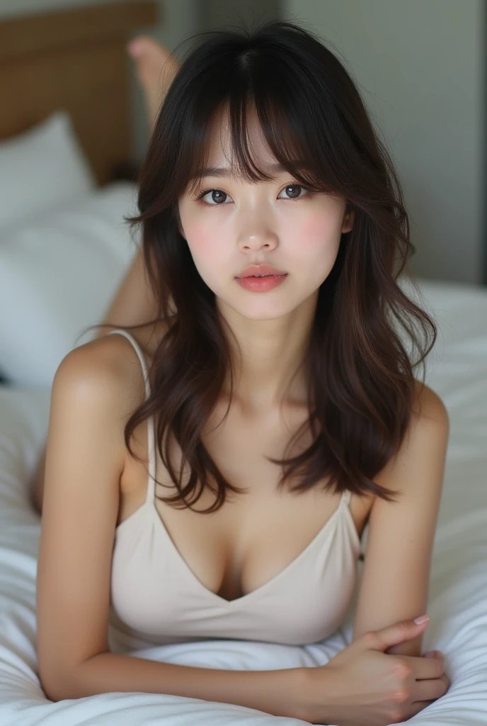 masterpiece, Highest quality, photograph, 20 years old living in Japan、Lying in bed, front, They flash a provocative smile at the viewer., Full body portrait, Baby Face, Bold Pose,Lift your legs、kiss、I can see the side,Medium Hair,((Straight Hair,Keep your bangs straight down)),(Thin face,Small jaw,Wide forehead,The space between the eyes is narrow)