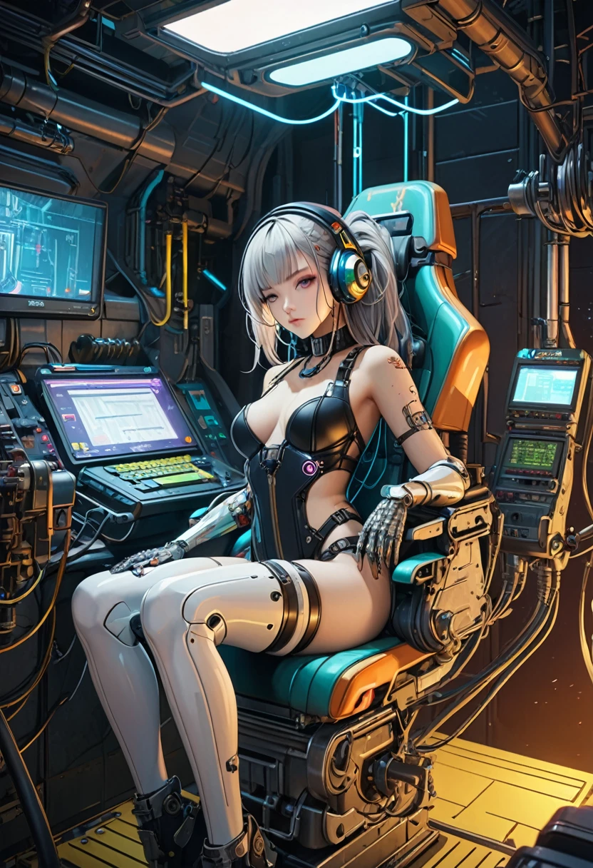 ((masterpiece, Highest quality, Extremely detailed CG, unity 8k wallpaper )),(masterpiece, Highest quality, Highest quality, Official Art, beautiful,aesthetic:1.2)Cyborg Girl, Sitting in a machine chair, The tube is stretched, cyber punk, Cracked skin,Hydraulic cylinder,Servomotor,Manipulator,Colorful light,neon,headphone,Prosthetic arm,sf