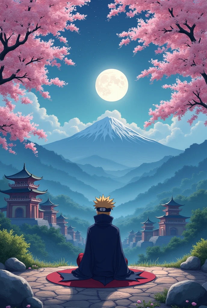 Naruto sitting under the sakura trees, green mountains and trees, Buddha temples, night, beautiful view, Beautiful moon ( Naruto wearing his dad's minato namikaze's fourth hokage shirt ) 