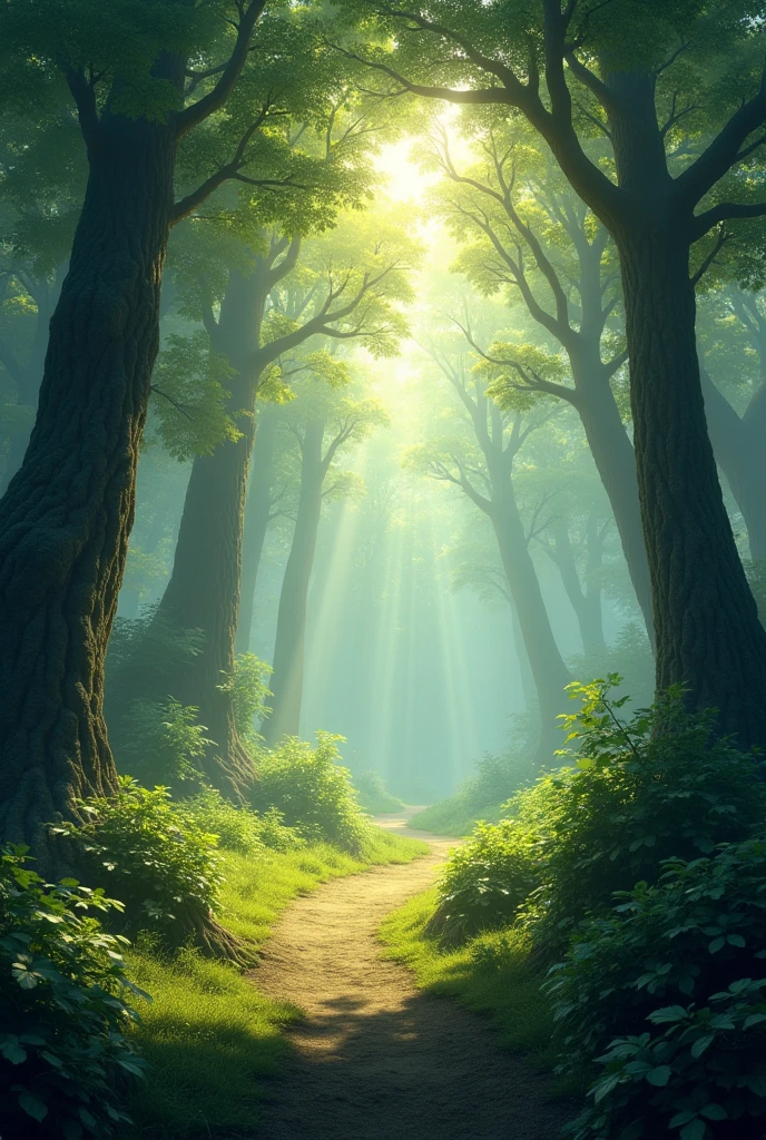 A mix of soft sunlight filtering through the trees and shadows for a dramatic effect.