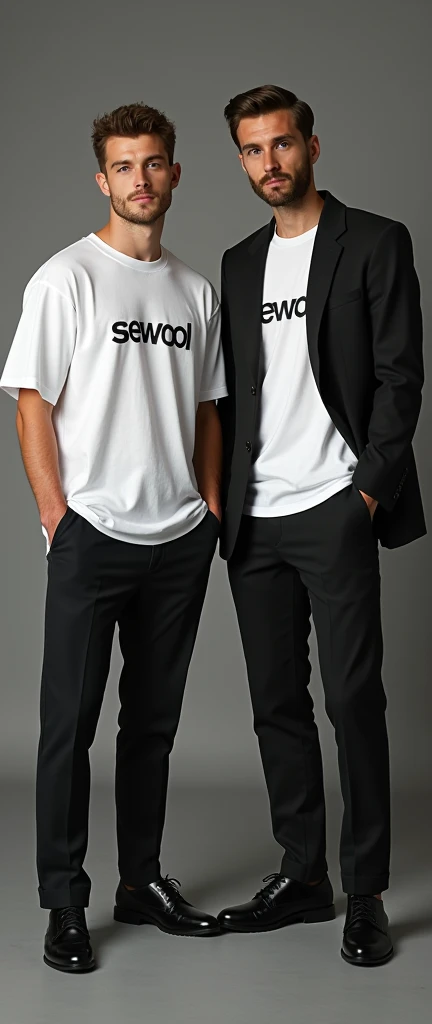 give me a picture of 2 or 3 male models in one picture with wearing oversize t-shirt and wearing formals paint and photoshoot in studio, and print the word on t shirt = Sewool